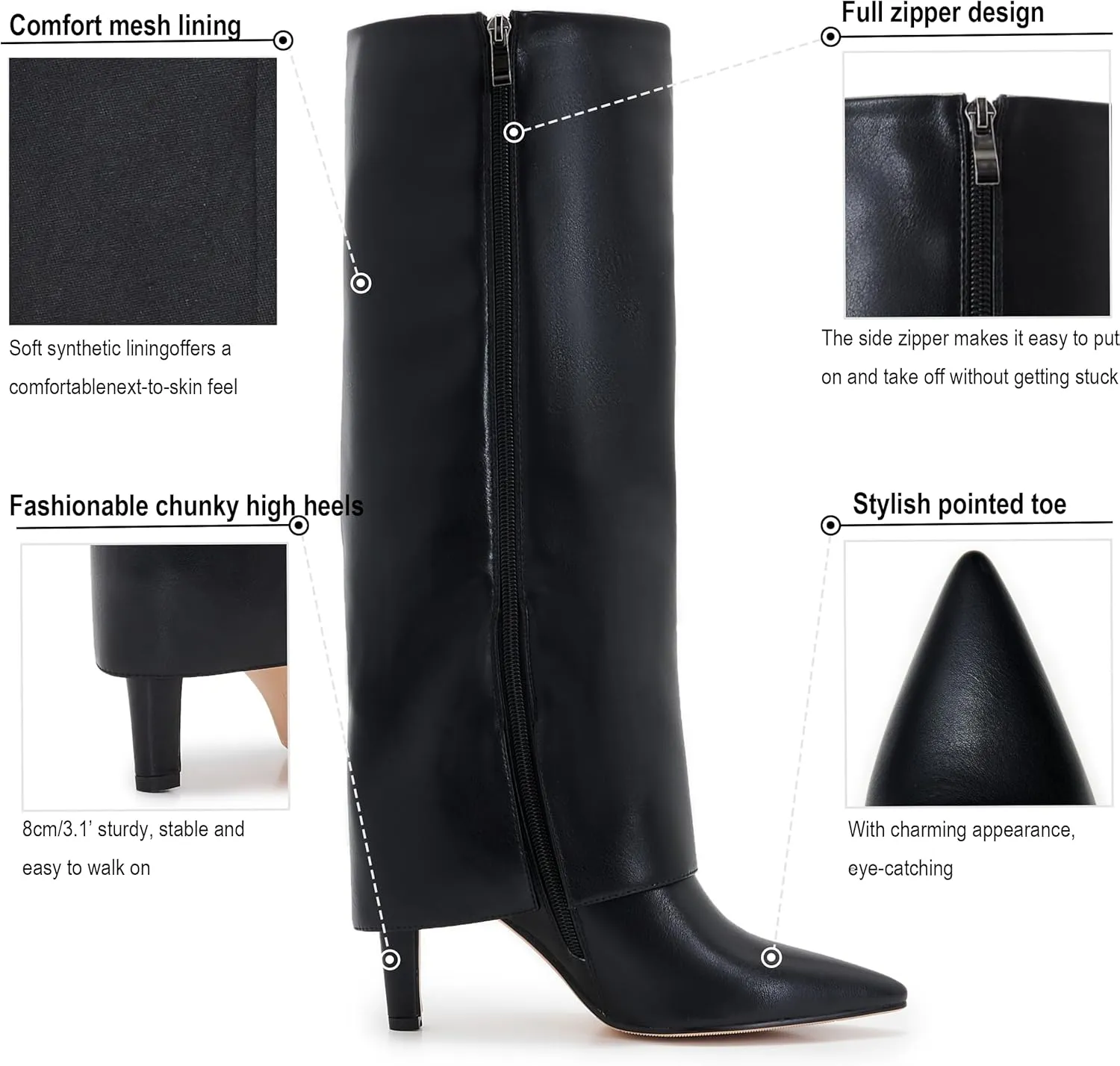 Wide Calf Kitten Heel Boots For Women Knee High pointed toe Tall Long boots Stiletto Heel Side Zipper