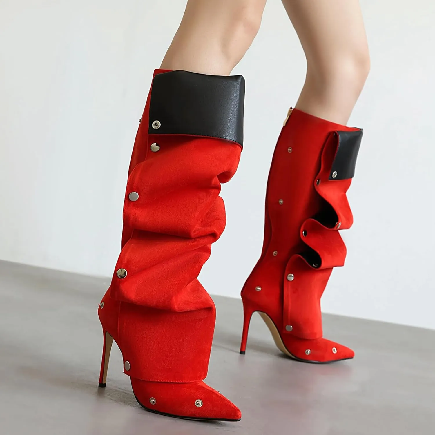Wide Calf Slouch Boots for Women Sexy Stiletto Heel Detachable Snap-off Panel Shark Boots Pointed Toe Pleated Knee High Boots