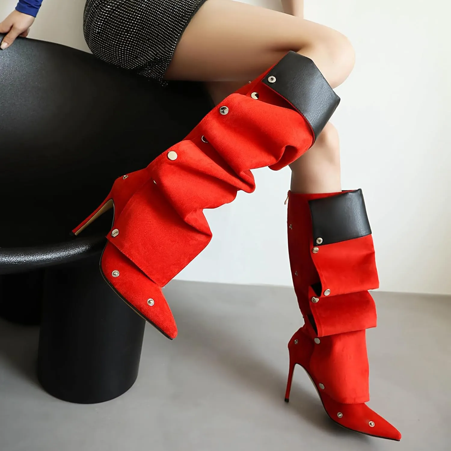 Wide Calf Slouch Boots for Women Sexy Stiletto Heel Detachable Snap-off Panel Shark Boots Pointed Toe Pleated Knee High Boots