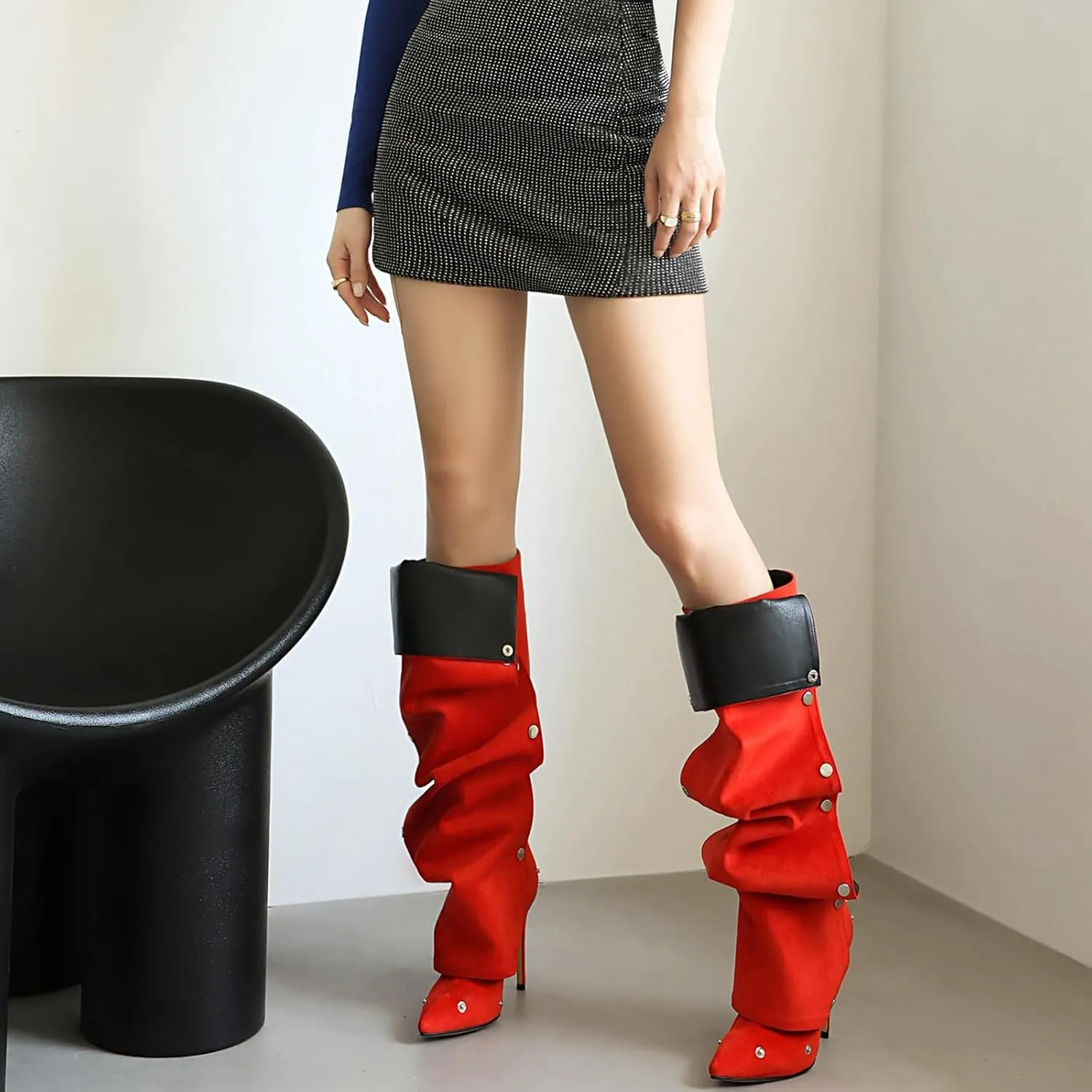 Wide Calf Slouch Boots for Women Sexy Stiletto Heel Detachable Snap-off Panel Shark Boots Pointed Toe Pleated Knee High Boots