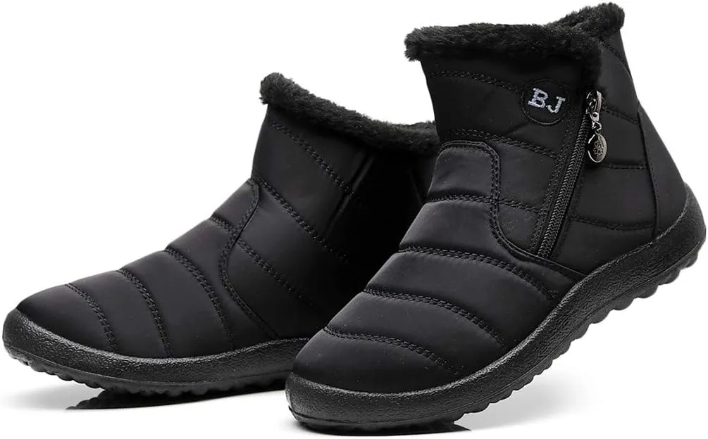 Winter Snow Boots for Women Fleece Lined Warm Ankle Booties Outdoor Anti-slip Water-proof Comfortable Short Boot Fashion Zip Up Booties Sneakers Lightweight Flat and Soft Sole