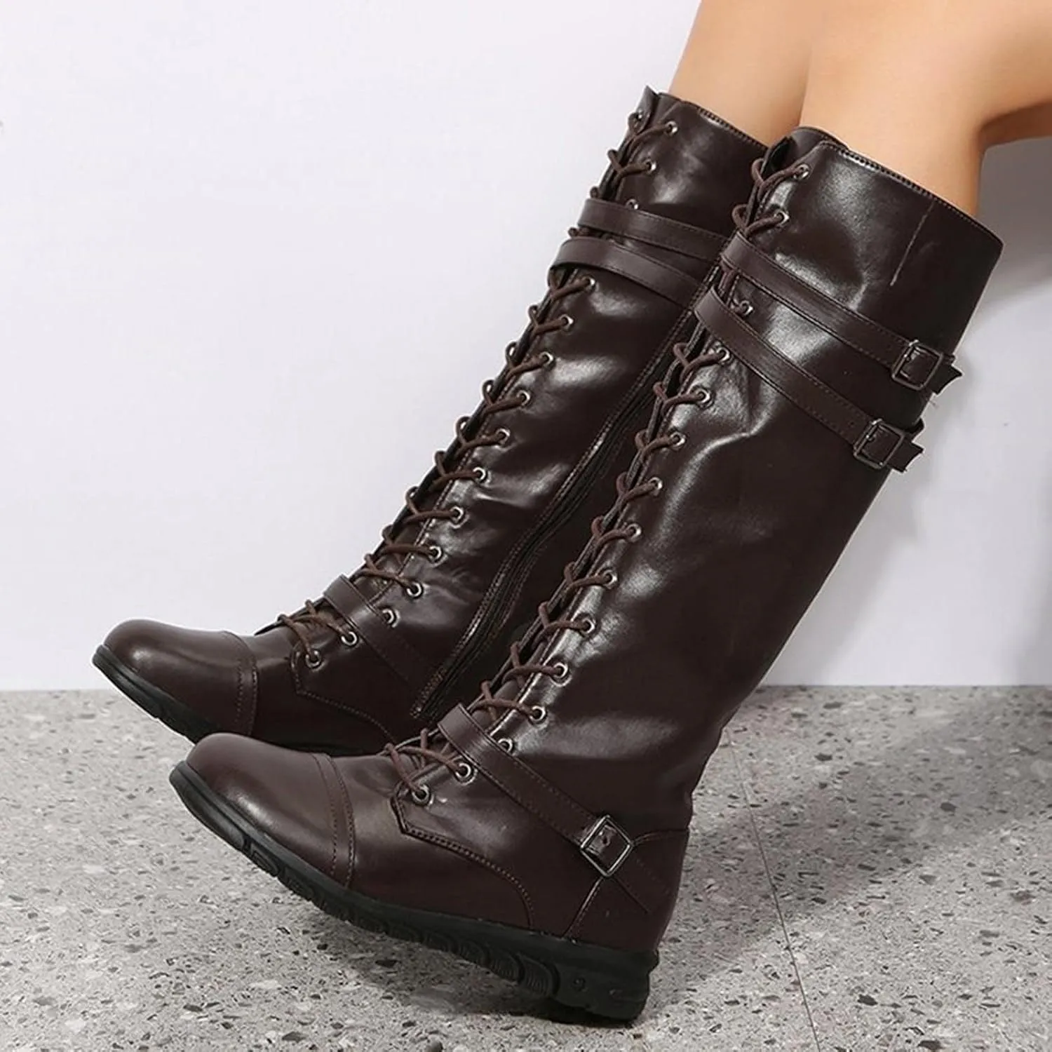 wodceeke Women's Knee High Riding Combat Boots Lace Up Wide Calf Leather Boots Side Zippr Fashion Buckle Boots