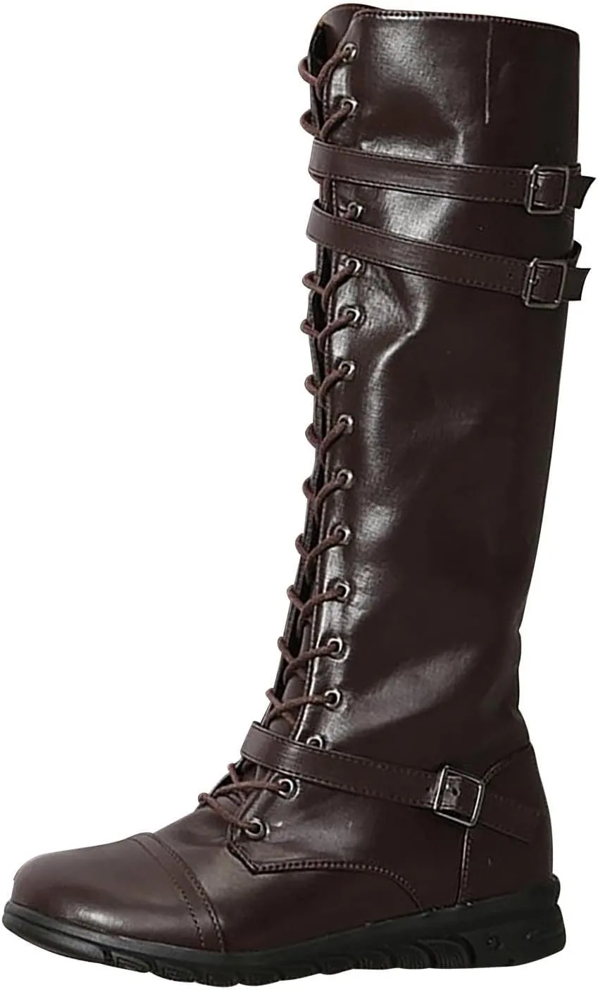 wodceeke Women's Knee High Riding Combat Boots Lace Up Wide Calf Leather Boots Side Zippr Fashion Buckle Boots