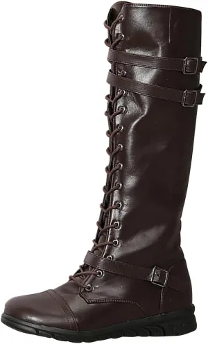 wodceeke Women's Knee High Riding Combat Boots Lace Up Wide Calf Leather Boots Side Zippr Fashion Buckle Boots