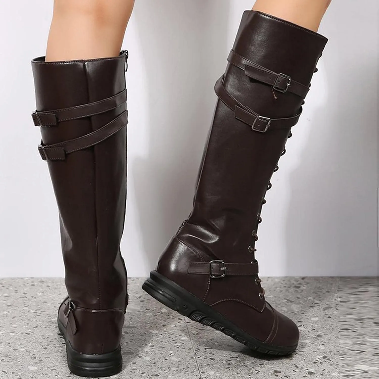 wodceeke Women's Knee High Riding Combat Boots Lace Up Wide Calf Leather Boots Side Zippr Fashion Buckle Boots