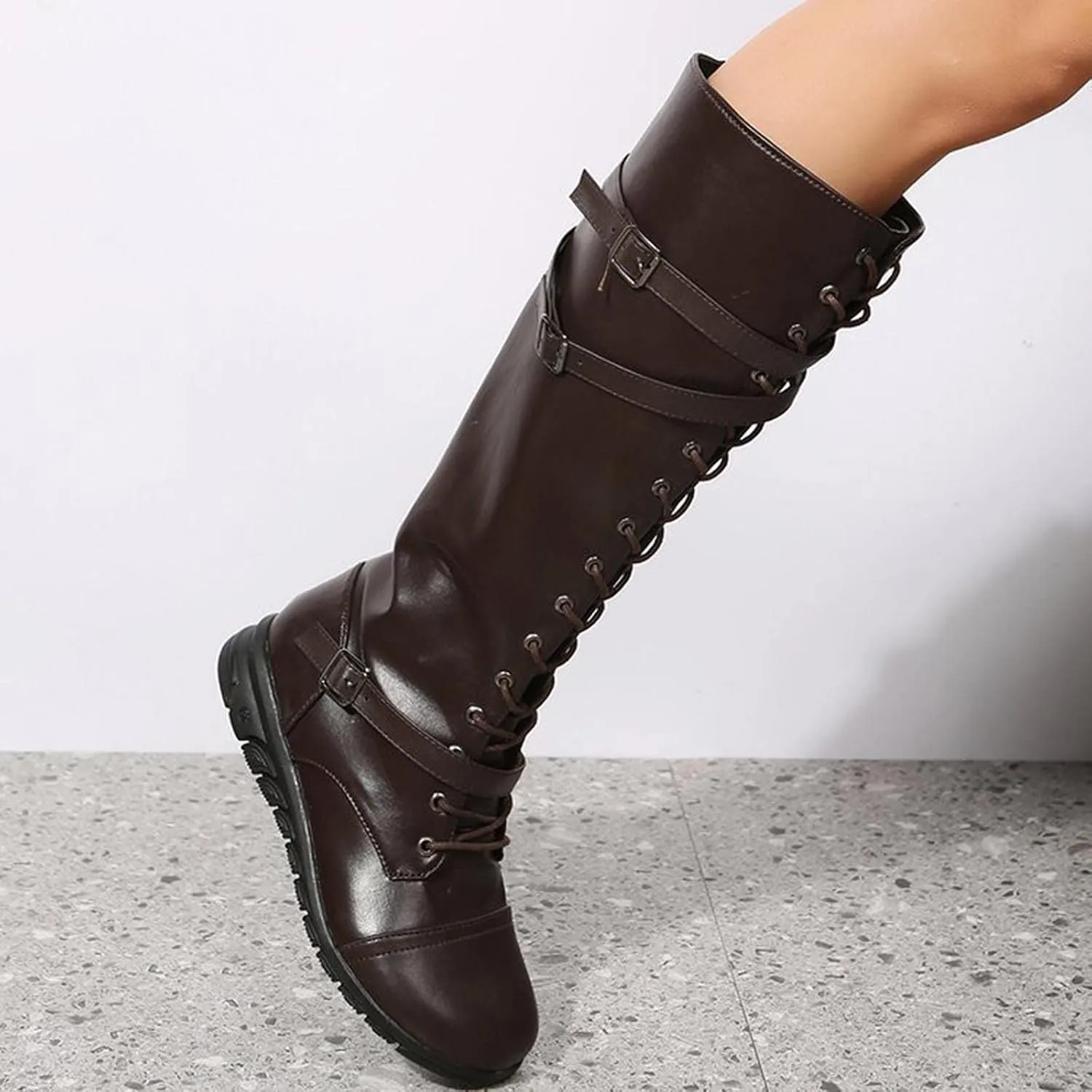 wodceeke Women's Knee High Riding Combat Boots Lace Up Wide Calf Leather Boots Side Zippr Fashion Buckle Boots