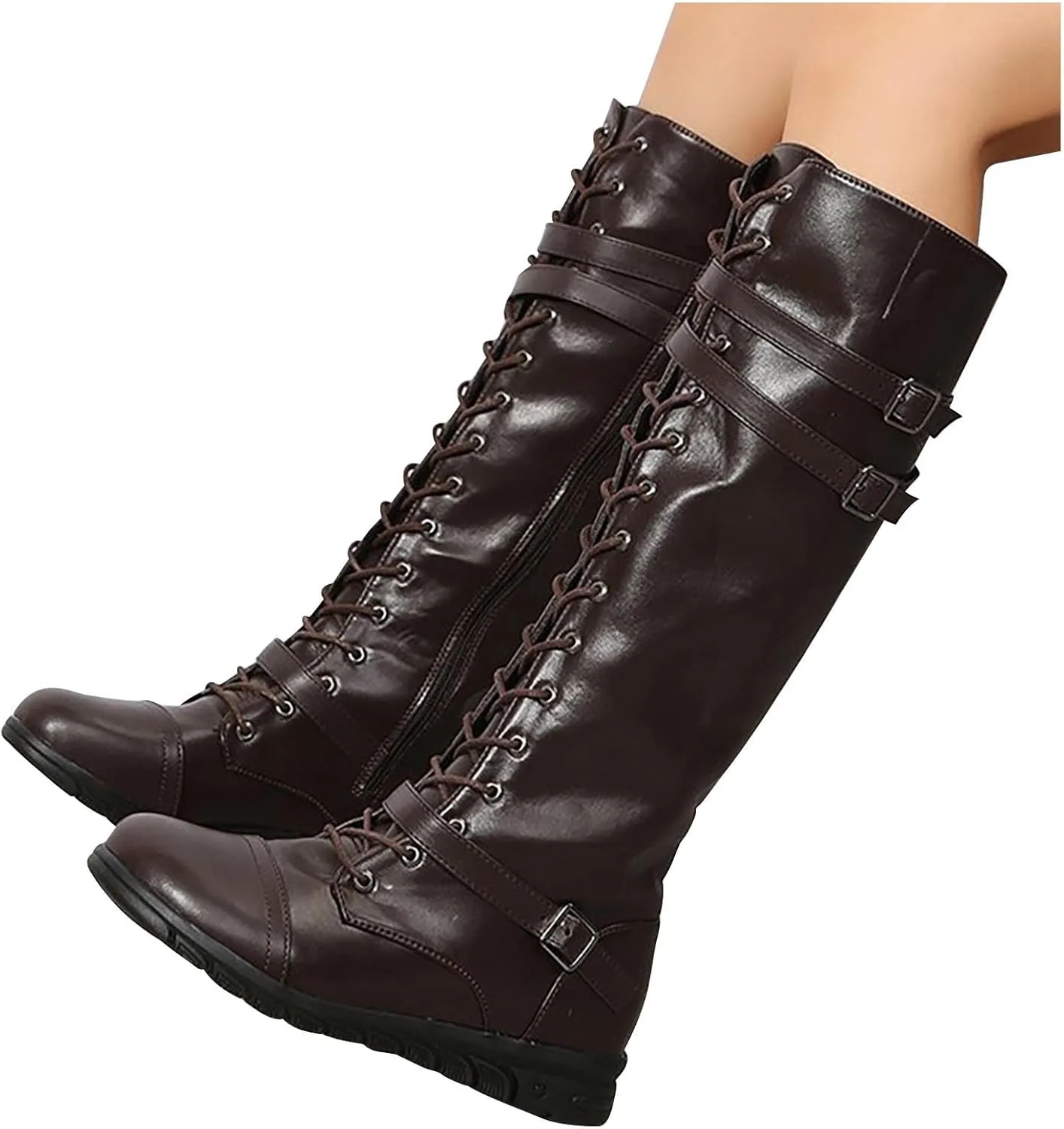 wodceeke Women's Knee High Riding Combat Boots Lace Up Wide Calf Leather Boots Side Zippr Fashion Buckle Boots