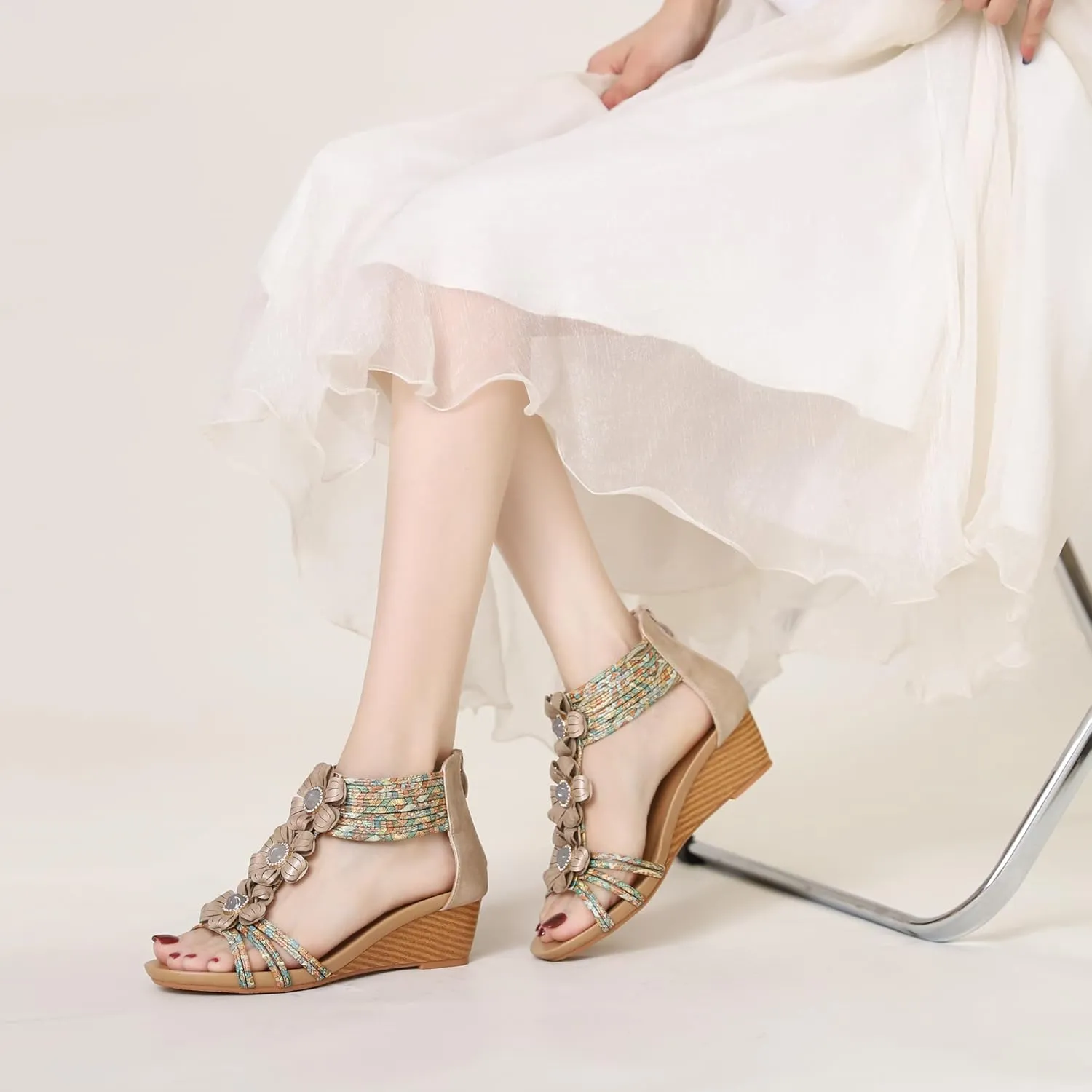 WOJWSKI Wedge Sandals for Women Bohemia Flower Open Toe Gladiator Platform Roman High Heel Casual Summer Dressy Beach Womens Sandals