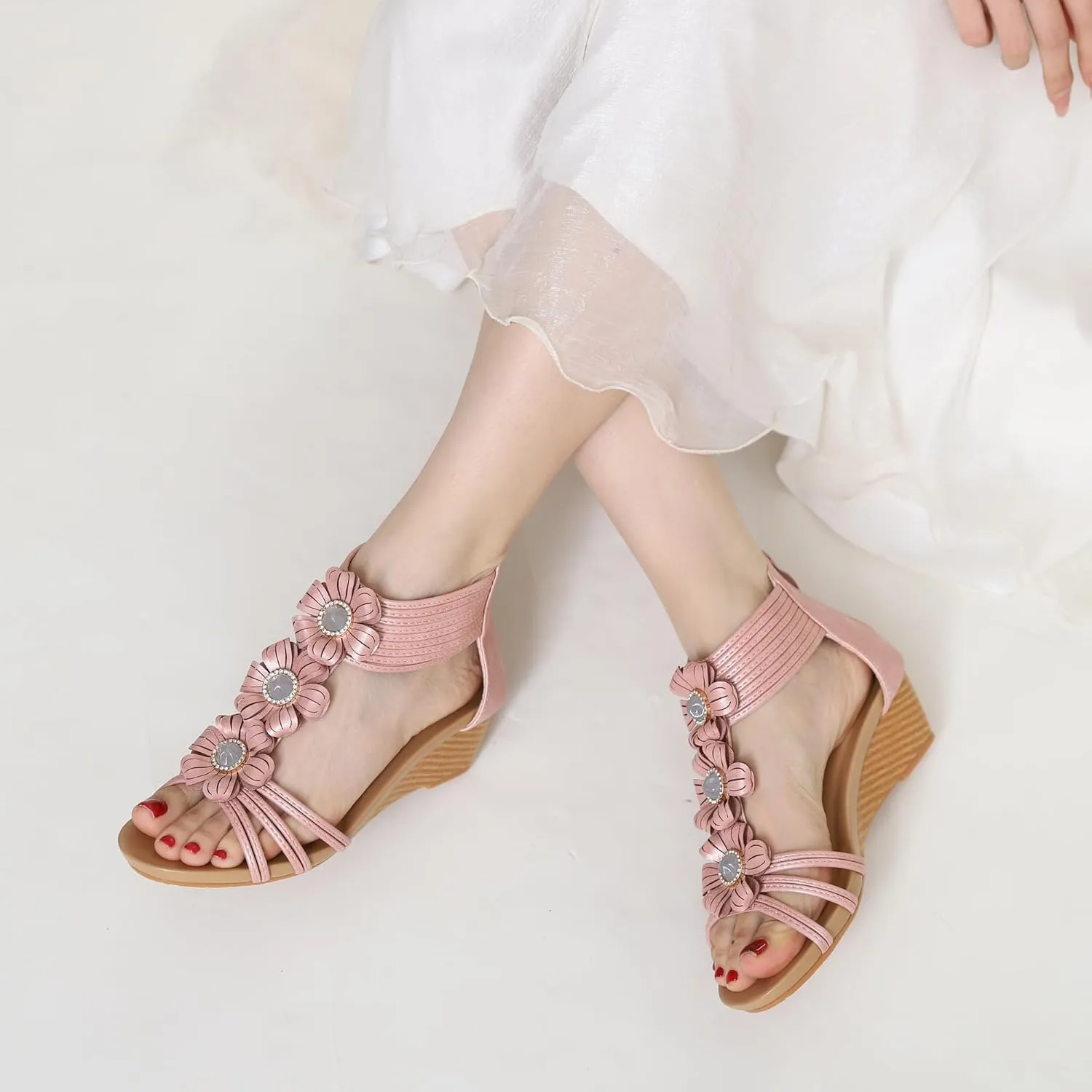 WOJWSKI Wedge Sandals for Women Bohemia Flower Open Toe Gladiator Platform Roman High Heel Casual Summer Dressy Beach Womens Sandals