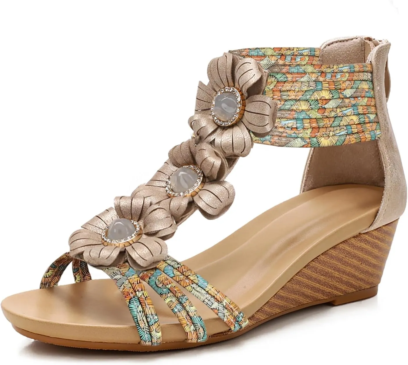 WOJWSKI Wedge Sandals for Women Bohemia Flower Open Toe Gladiator Platform Roman High Heel Casual Summer Dressy Beach Womens Sandals