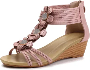 WOJWSKI Wedge Sandals for Women Bohemia Flower Open Toe Gladiator Platform Roman High Heel Casual Summer Dressy Beach Womens Sandals