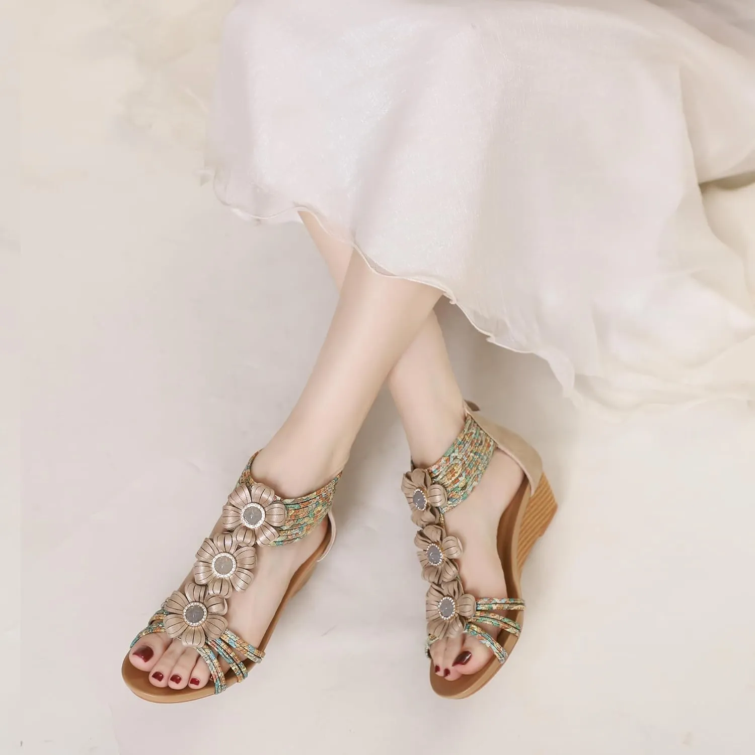 WOJWSKI Wedge Sandals for Women Bohemia Flower Open Toe Gladiator Platform Roman High Heel Casual Summer Dressy Beach Womens Sandals
