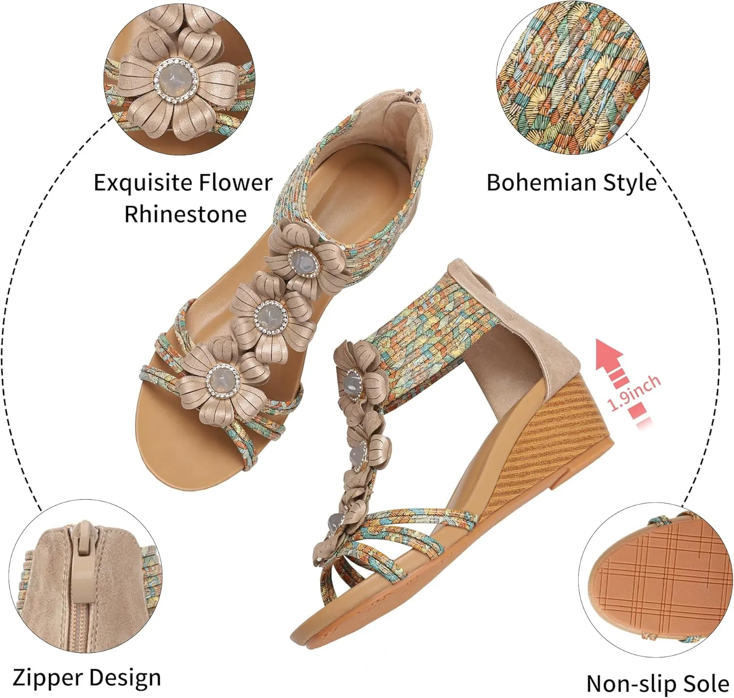 WOJWSKI Wedge Sandals for Women Bohemia Flower Open Toe Gladiator Platform Roman High Heel Casual Summer Dressy Beach Womens Sandals