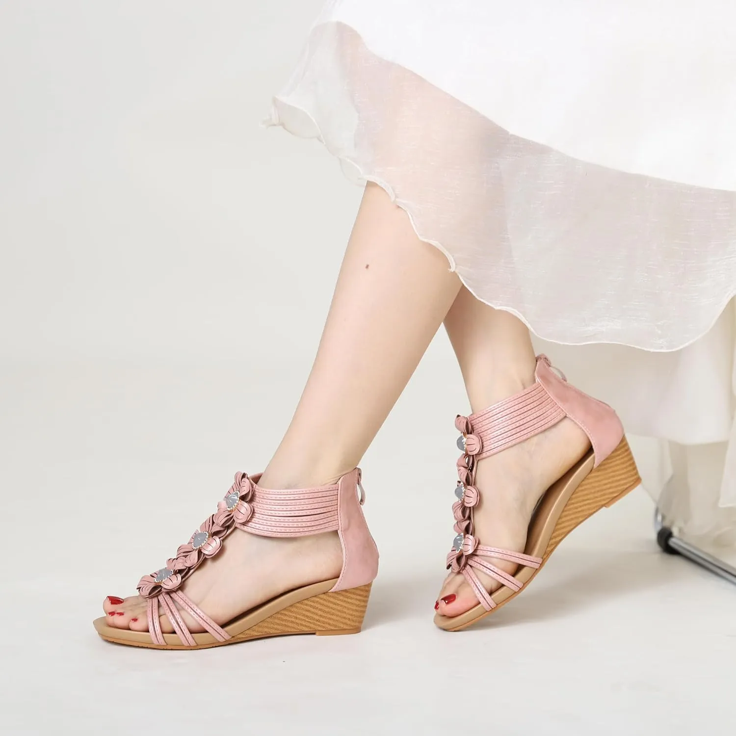 WOJWSKI Wedge Sandals for Women Bohemia Flower Open Toe Gladiator Platform Roman High Heel Casual Summer Dressy Beach Womens Sandals