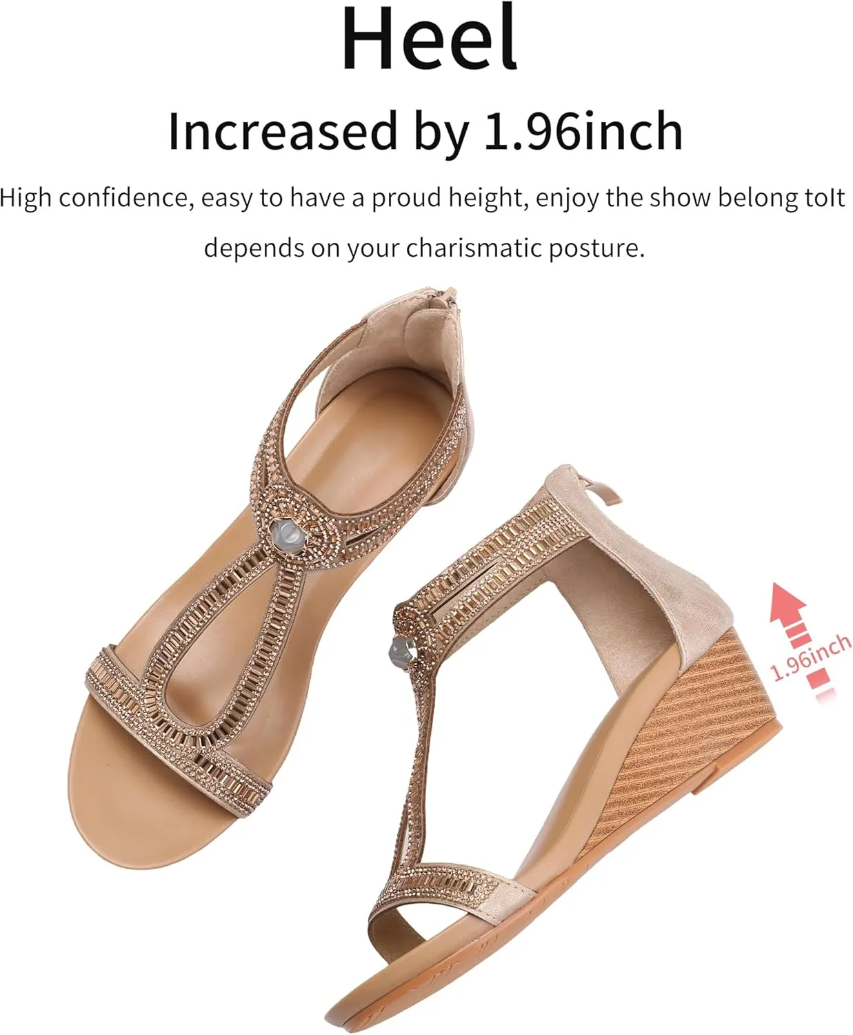 WOJWSKI Wedge Sandals for Women Bohemia Rhinestone Open Toe Roman Heel Zipper Summer Dressy Women's Beach Casual Shoes