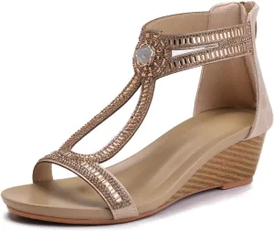 WOJWSKI Wedge Sandals for Women Bohemia Rhinestone Open Toe Roman Heel Zipper Summer Dressy Women's Beach Casual Shoes