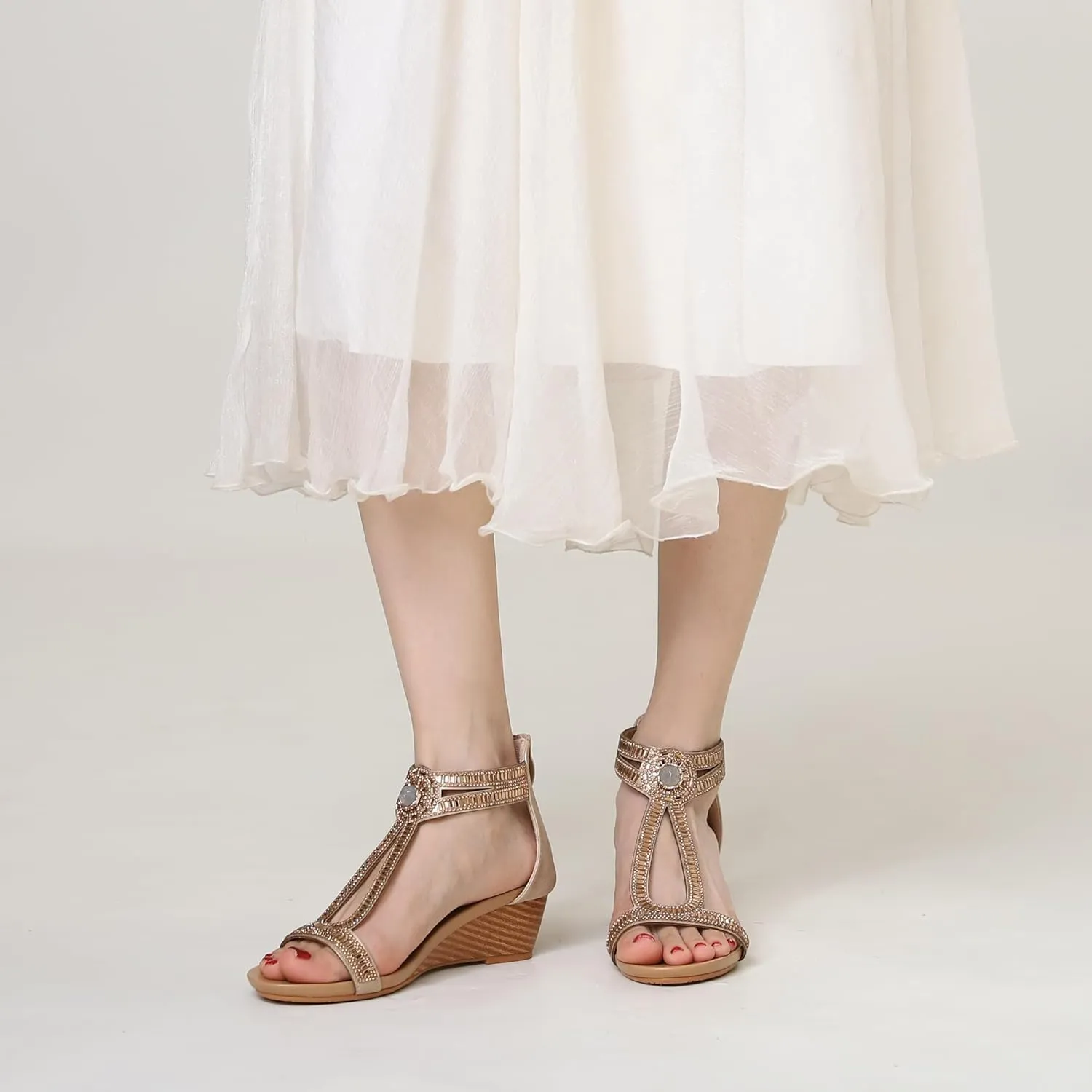 WOJWSKI Wedge Sandals for Women Bohemia Rhinestone Open Toe Roman Heel Zipper Summer Dressy Women's Beach Casual Shoes