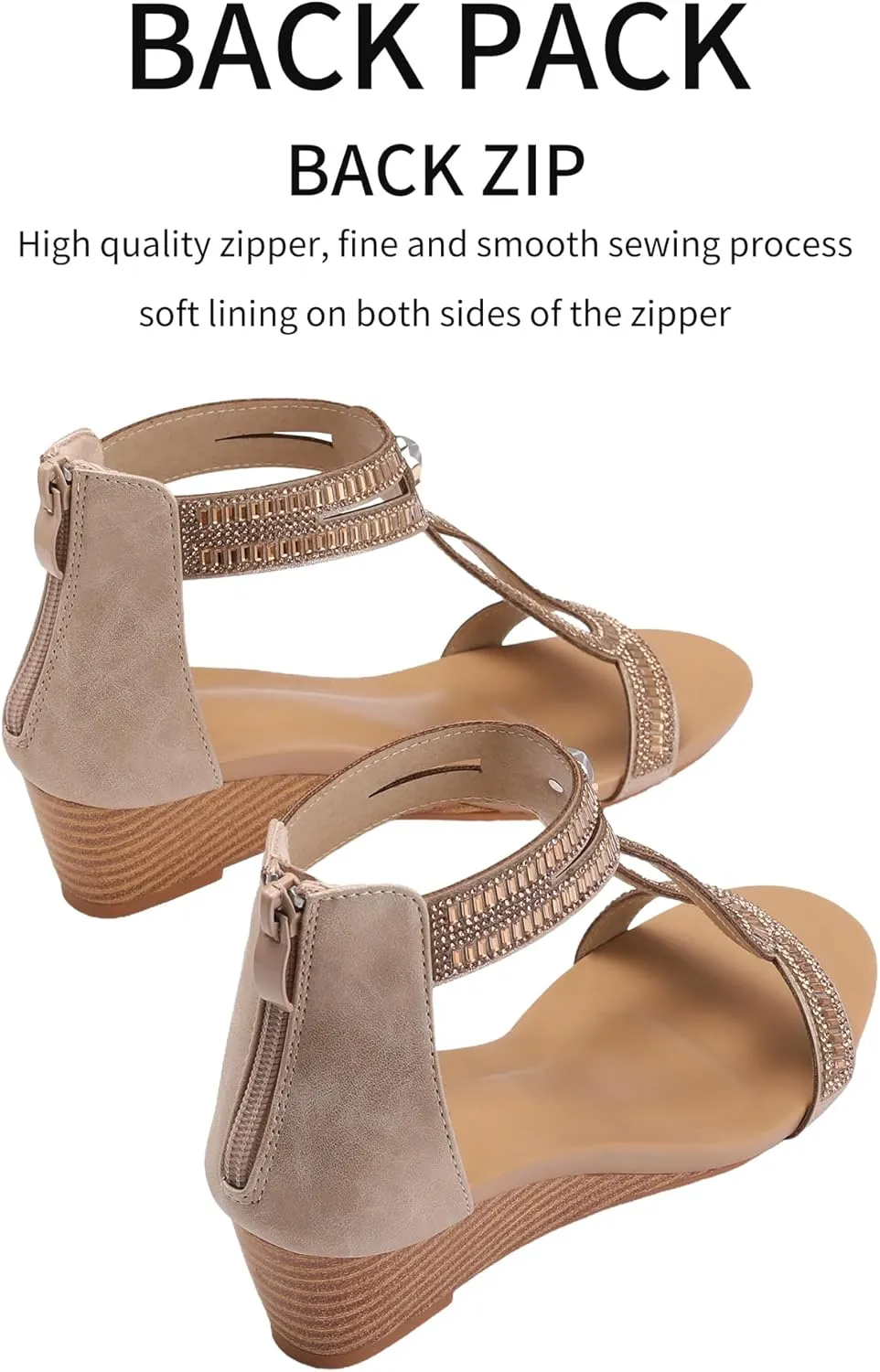 WOJWSKI Wedge Sandals for Women Bohemia Rhinestone Open Toe Roman Heel Zipper Summer Dressy Women's Beach Casual Shoes