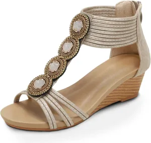 WOJWSKI Wedges for Women Sandals Bohemia Open Toe Roman Low Heel Zipper Back Platform Summer Dress Women‘s Beach Sandals