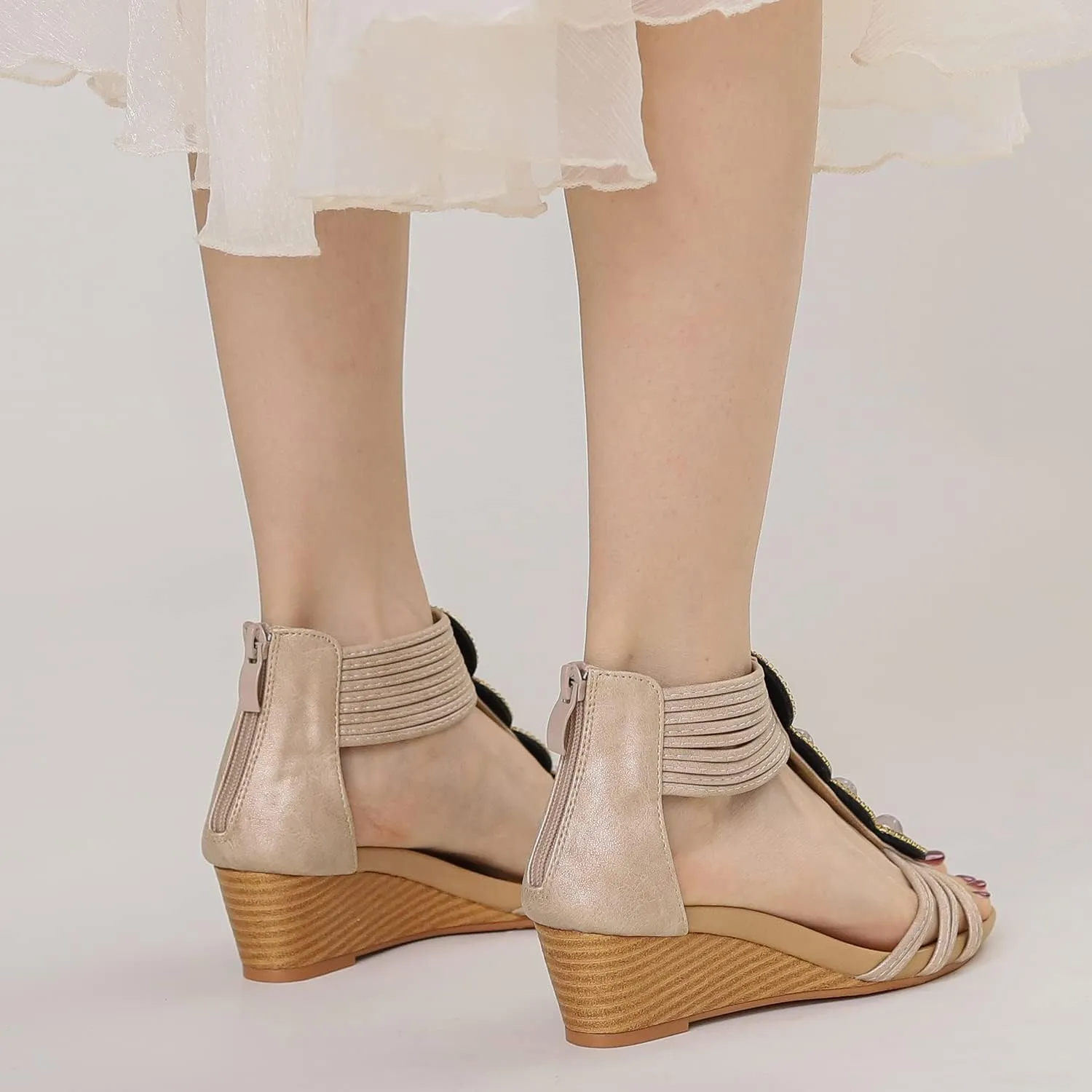 WOJWSKI Wedges for Women Sandals Bohemia Open Toe Roman Low Heel Zipper Back Platform Summer Dress Women‘s Beach Sandals