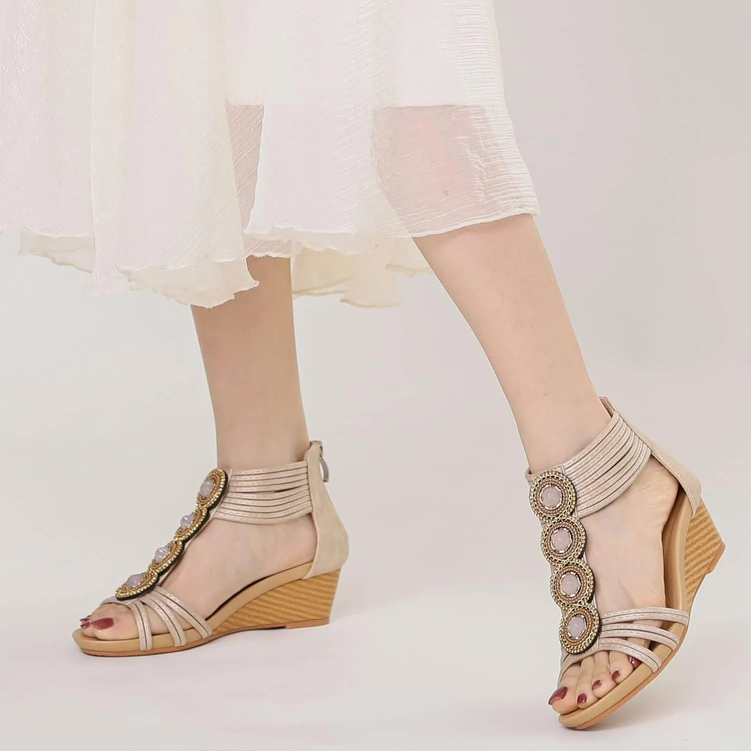 WOJWSKI Wedges for Women Sandals Bohemia Open Toe Roman Low Heel Zipper Back Platform Summer Dress Women‘s Beach Sandals