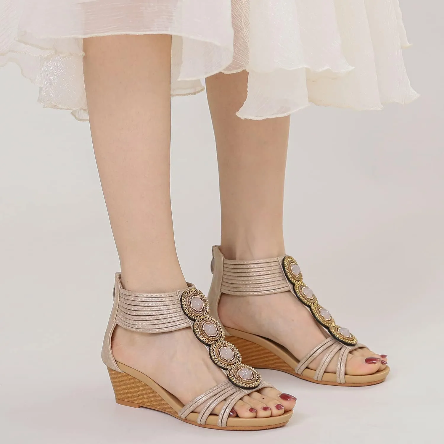 WOJWSKI Wedges for Women Sandals Bohemia Open Toe Roman Low Heel Zipper Back Platform Summer Dress Women‘s Beach Sandals