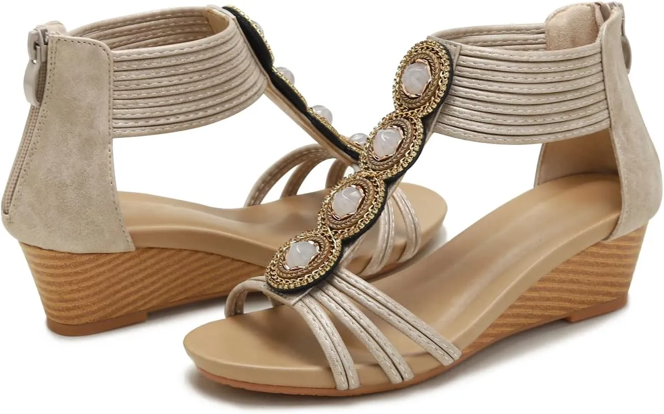 WOJWSKI Wedges for Women Sandals Bohemia Open Toe Roman Low Heel Zipper Back Platform Summer Dress Women‘s Beach Sandals