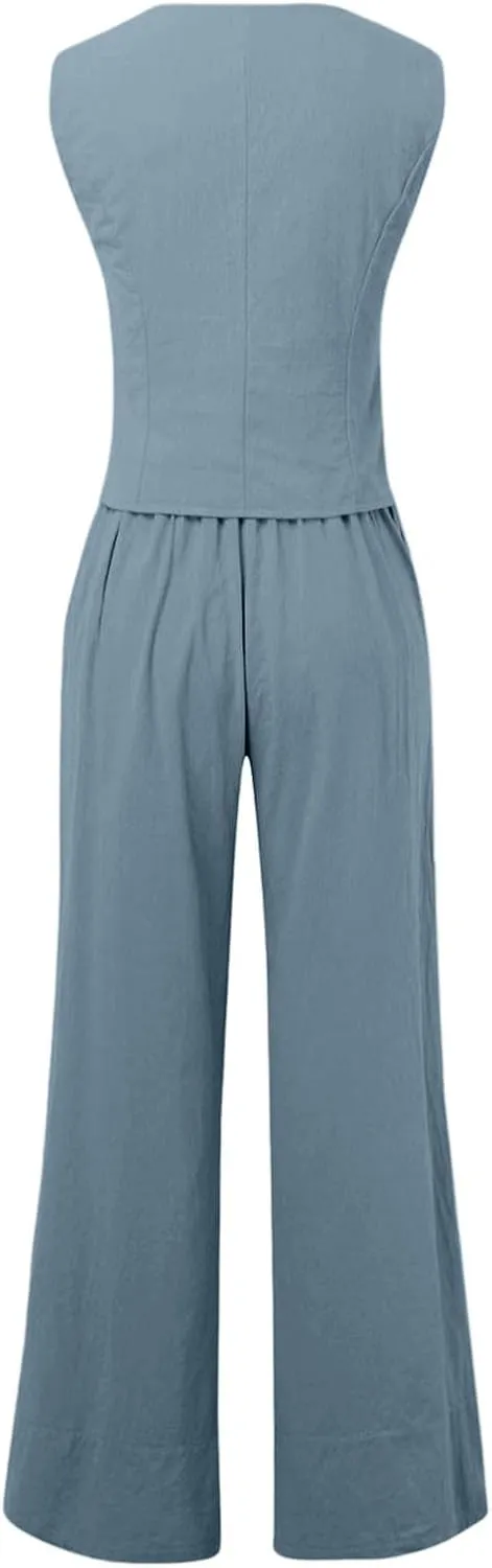 Women 2 Piece Linen Sets Summer Cotton Linen Casual Matching Set Short Sleeve T Shirts and Pants with Pockets