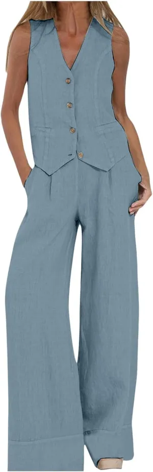 Women 2 Piece Linen Sets Summer Cotton Linen Casual Matching Set Short Sleeve T Shirts and Pants with Pockets