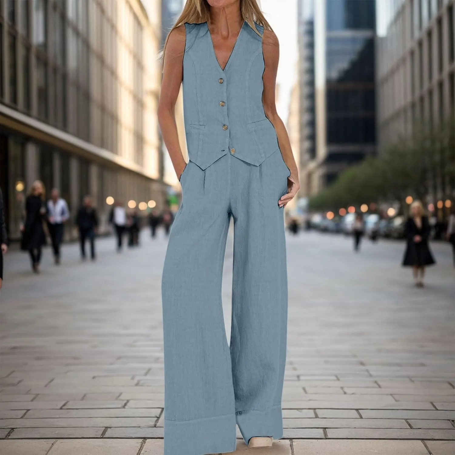 Women 2 Piece Linen Sets Summer Cotton Linen Casual Matching Set Short Sleeve T Shirts and Pants with Pockets