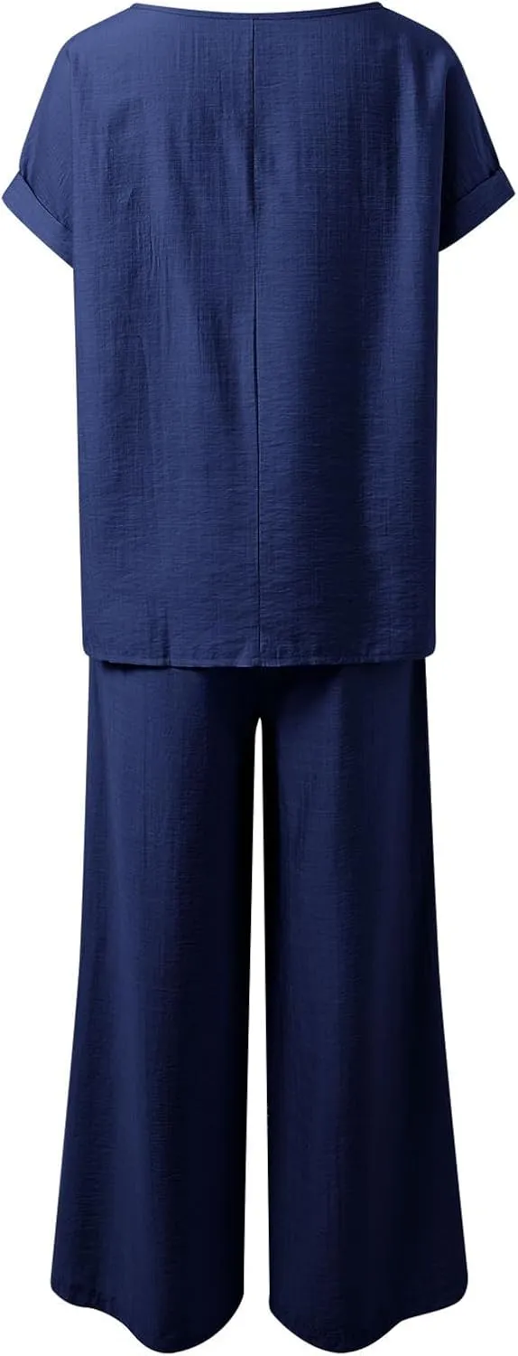 Women 2 Piece Lounge Sets Summer Cotton Linen Casual Matching Set Short Sleeve T Shirts and Pants with Pockets