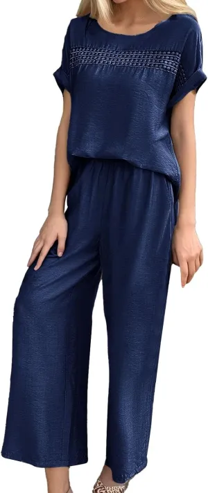 Women 2 Piece Lounge Sets Summer Cotton Linen Casual Matching Set Short Sleeve T Shirts and Pants with Pockets
