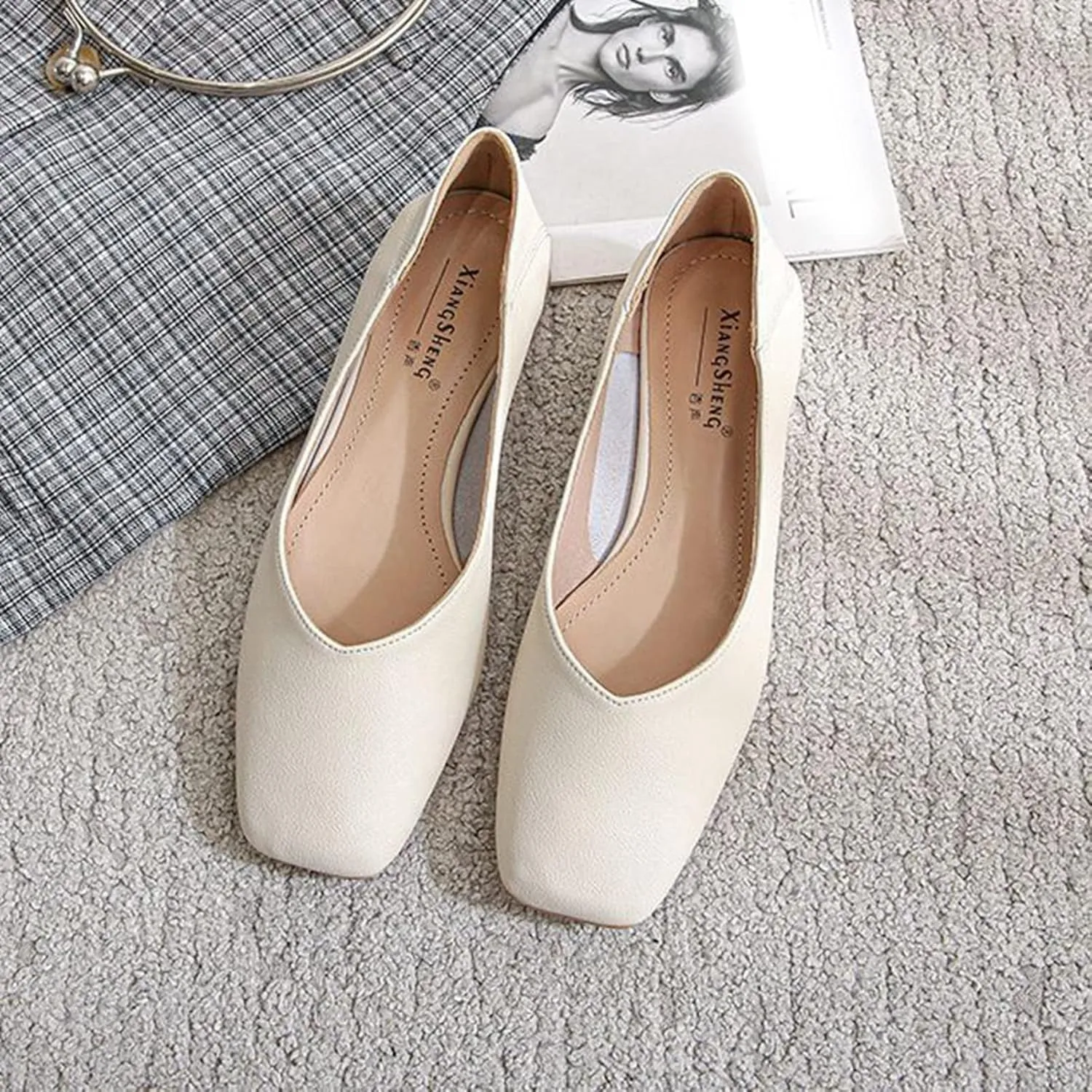 Women Casual Low Block Heel Slip on Pumps Square Toe Solid Color Leather Dress Office Work Shoes