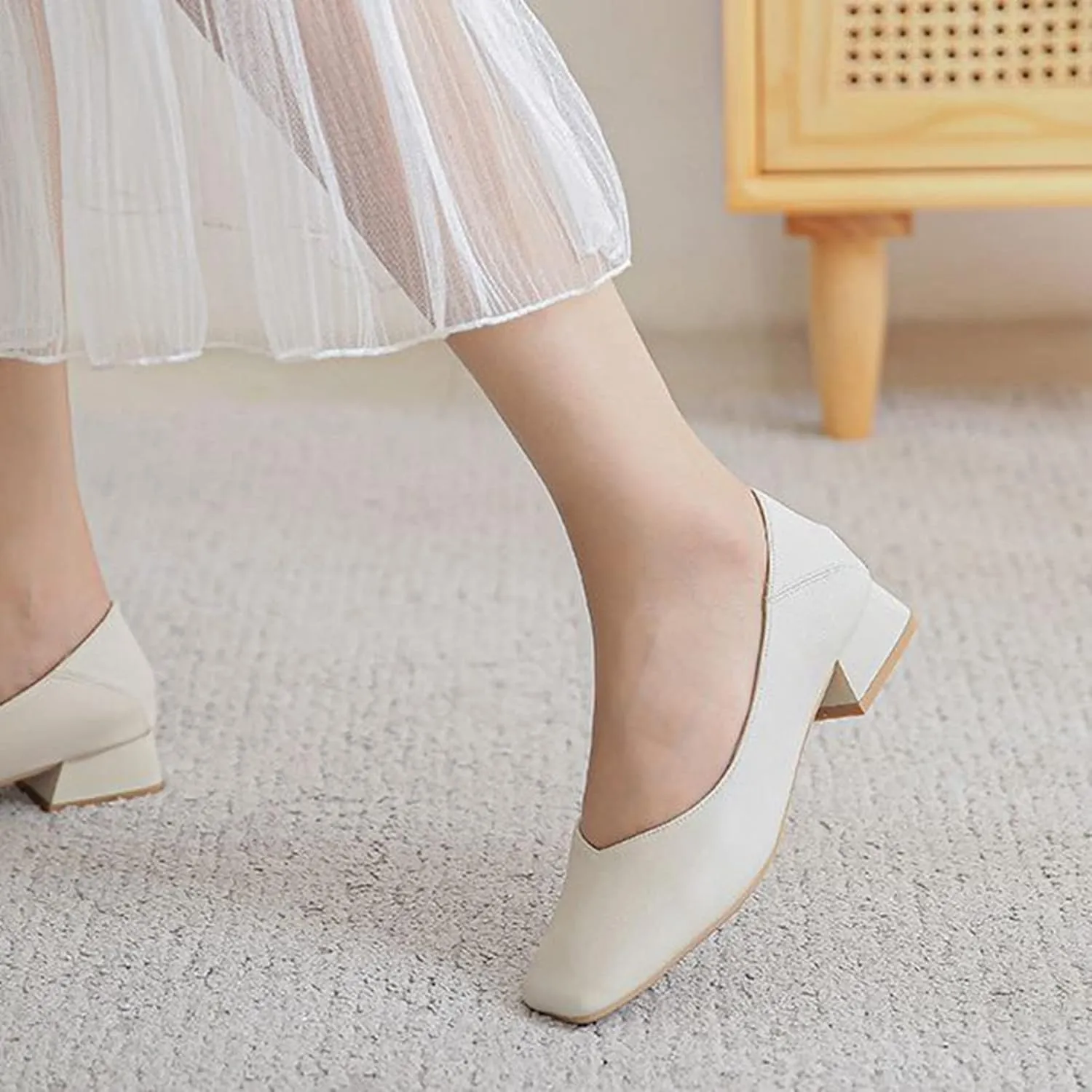 Women Casual Low Block Heel Slip on Pumps Square Toe Solid Color Leather Dress Office Work Shoes