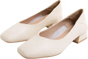 Women Casual Low Block Heel Slip on Pumps Square Toe Solid Color Leather Dress Office Work Shoes