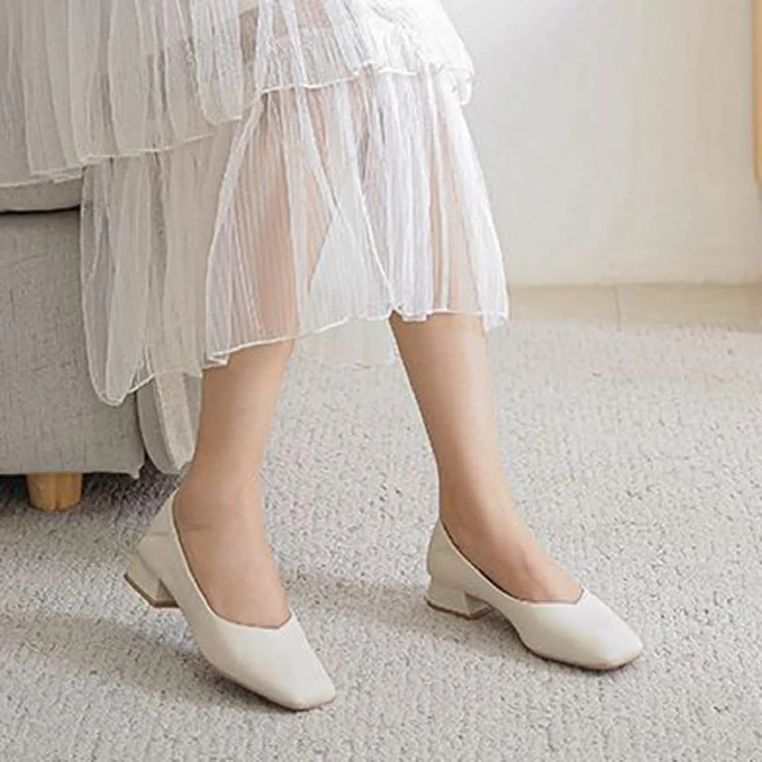 Women Casual Low Block Heel Slip on Pumps Square Toe Solid Color Leather Dress Office Work Shoes
