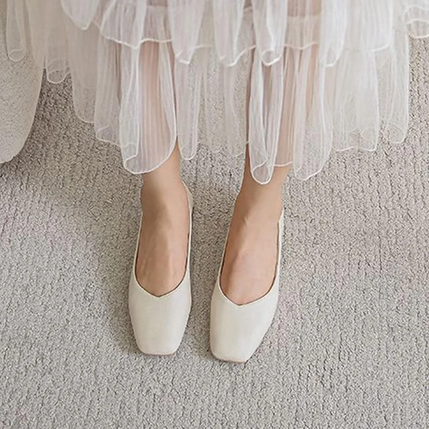 Women Casual Low Block Heel Slip on Pumps Square Toe Solid Color Leather Dress Office Work Shoes