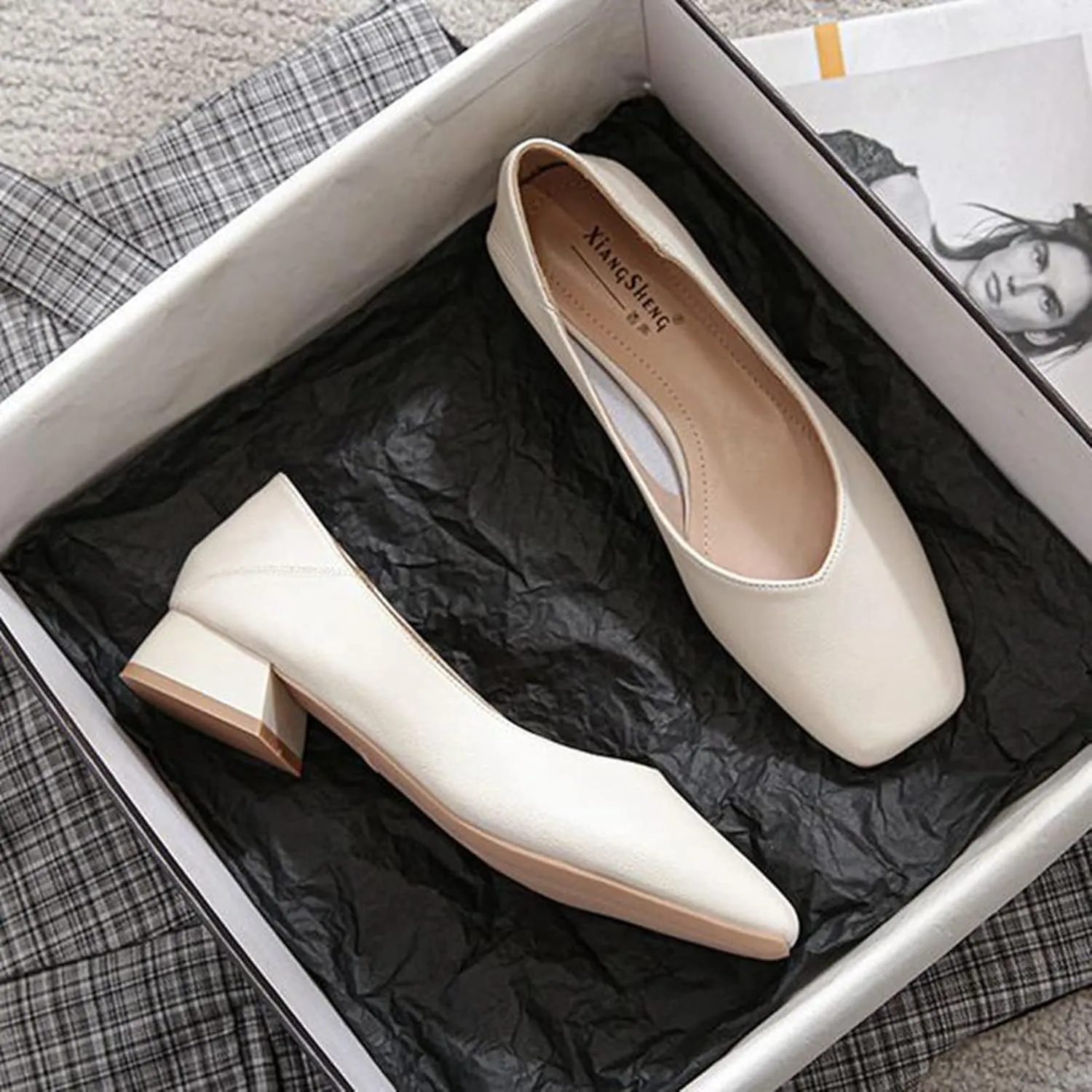 Women Casual Low Block Heel Slip on Pumps Square Toe Solid Color Leather Dress Office Work Shoes