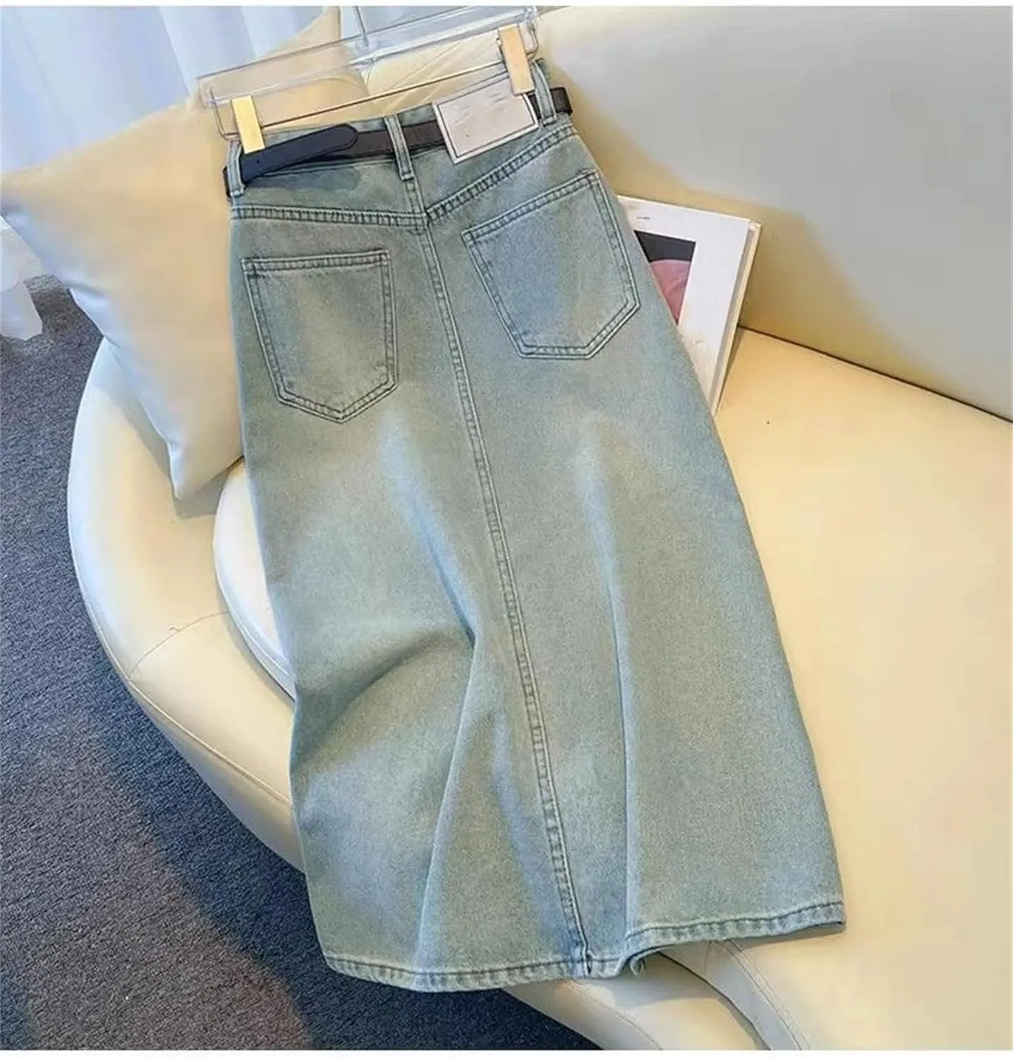 Women Chic Rhinestone Denim Skirts High Waist A-Line Slit Fashion Diamond Midi Wrap Hip Skirt