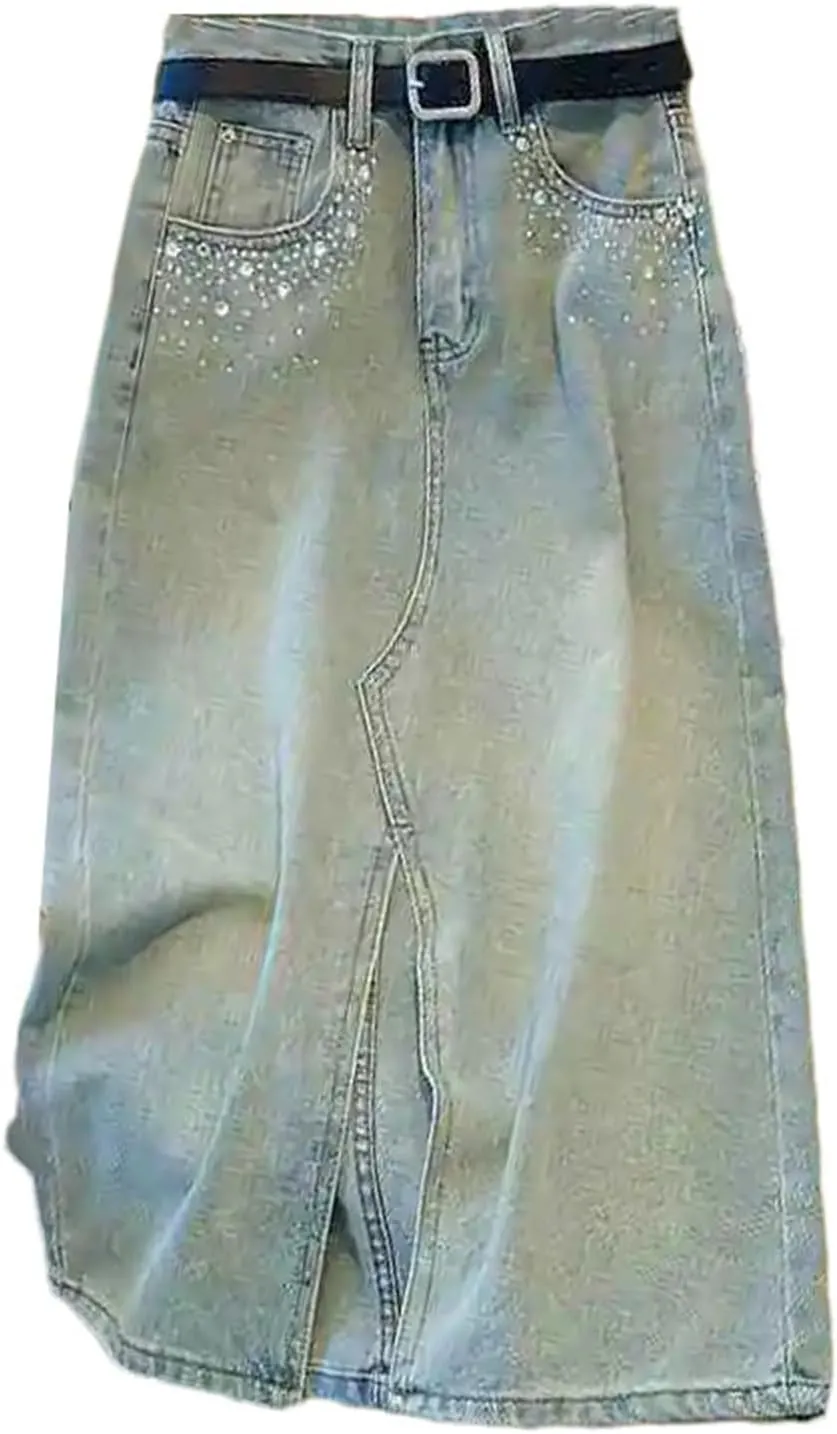 Women Chic Rhinestone Denim Skirts High Waist A-Line Slit Fashion Diamond Midi Wrap Hip Skirt