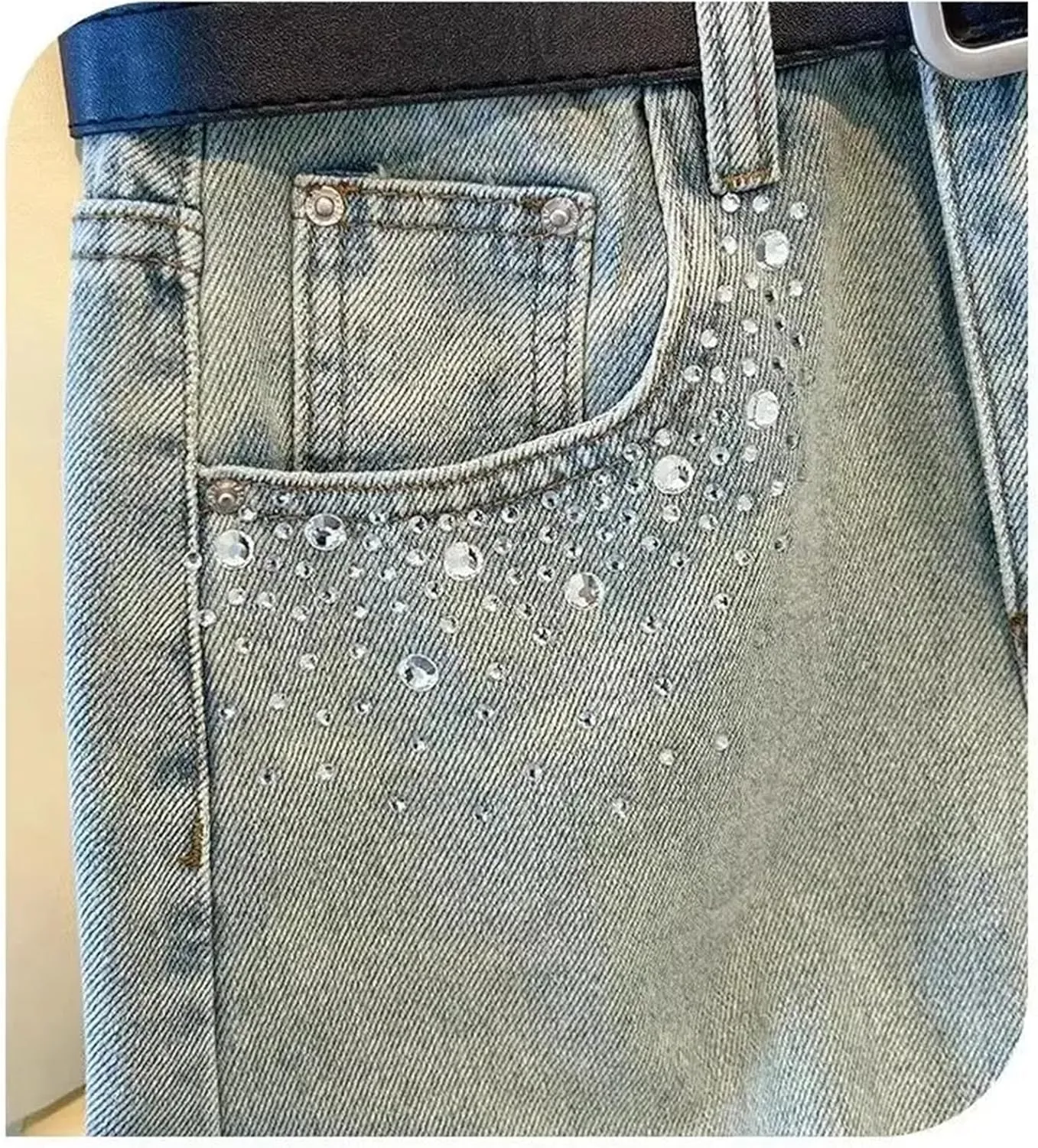 Women Chic Rhinestone Denim Skirts High Waist A-Line Slit Fashion Diamond Midi Wrap Hip Skirt