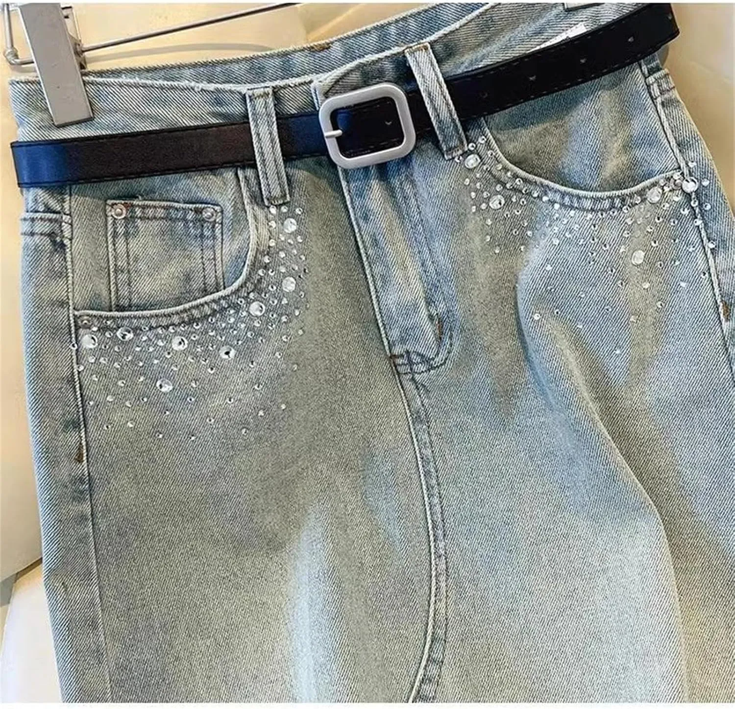 Women Chic Rhinestone Denim Skirts High Waist A-Line Slit Fashion Diamond Midi Wrap Hip Skirt