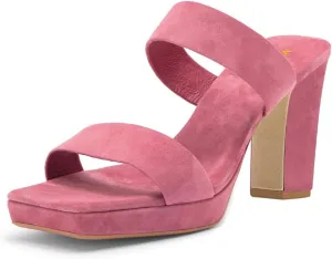 Women Comfortable Open Toe Double Straps Sandals Platform Slip On High Chunky Heel Slides Mules Indoor Party Dress Shoes Size 4-16 US