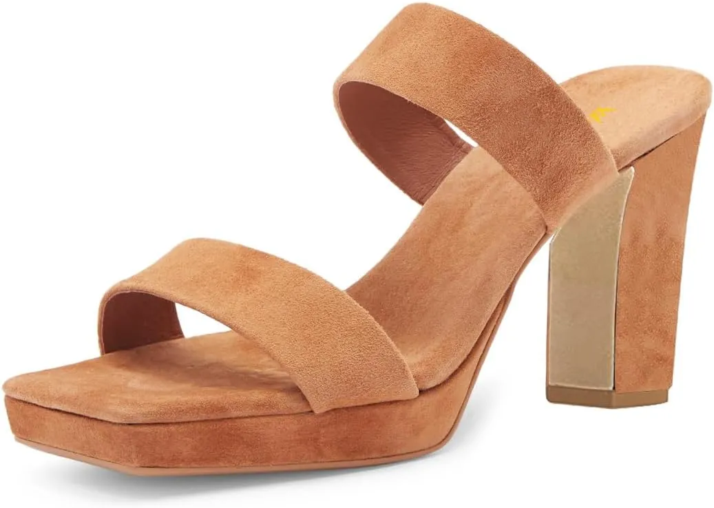 Women Comfortable Open Toe Double Straps Sandals Platform Slip On High Chunky Heel Slides Mules Indoor Party Dress Shoes Size 4-16 US