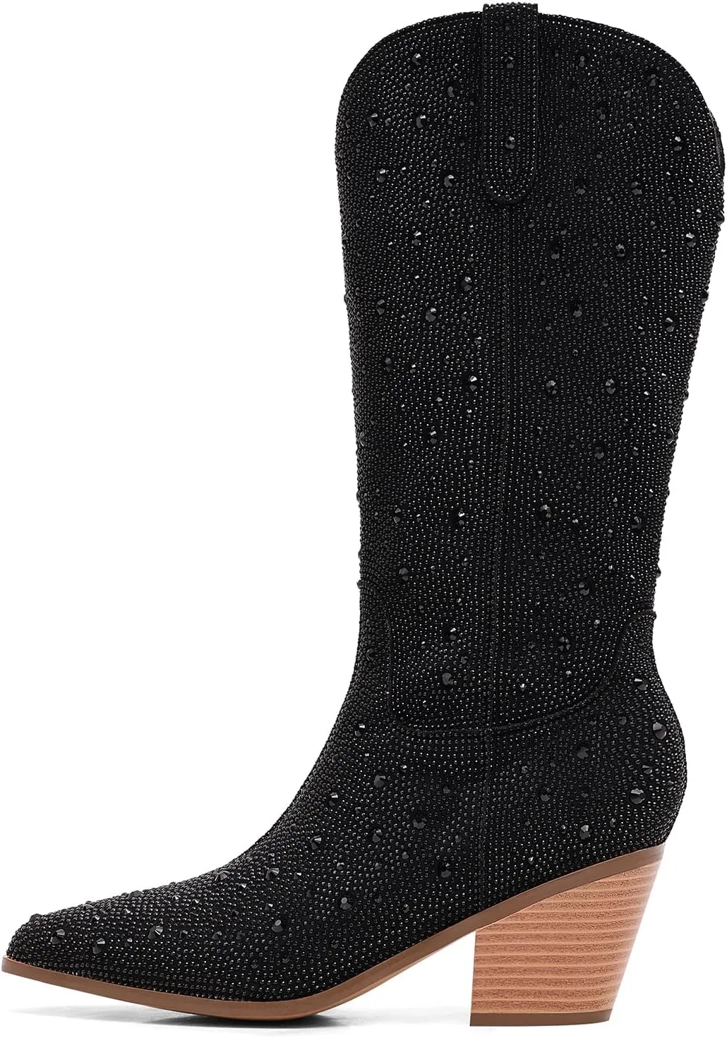 Women Cowboy Boots Cowgirl Rhinestone Mid Calf Western Boots Sparkly Glitter Boots Bling Pointed Toe Chunky Heel Pull On
