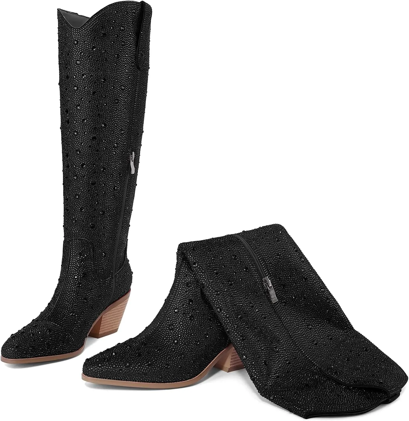 Women Cowboy Boots Cowgirl Rhinestone Mid Calf Western Boots Sparkly Glitter Boots Bling Pointed Toe Chunky Heel Pull On