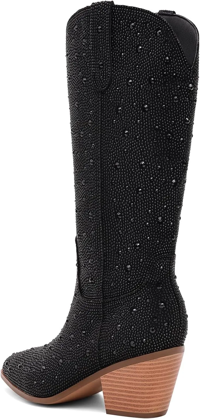 Women Cowboy Boots Cowgirl Rhinestone Mid Calf Western Boots Sparkly Glitter Boots Bling Pointed Toe Chunky Heel Pull On