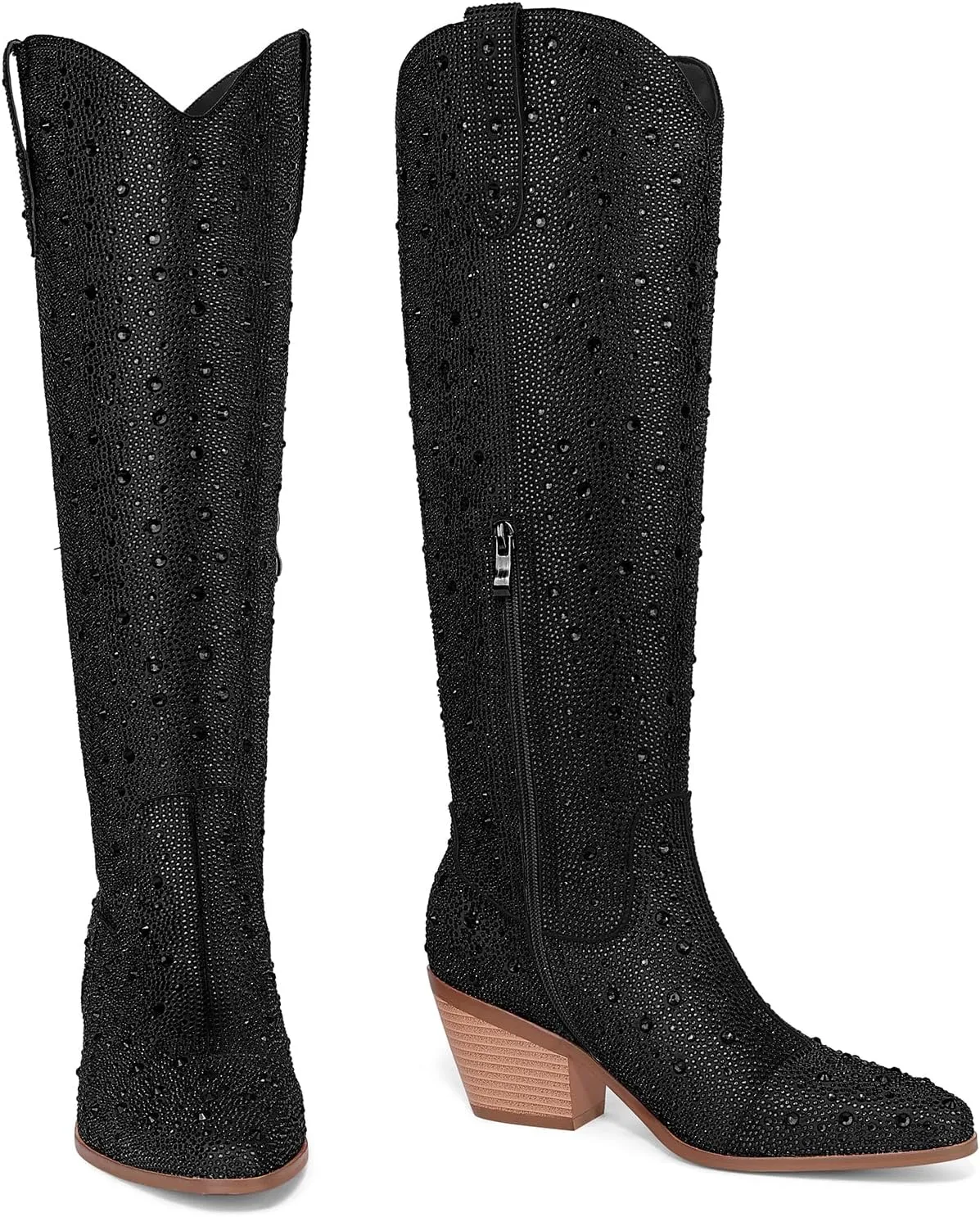 Women Cowboy Boots Cowgirl Rhinestone Mid Calf Western Boots Sparkly Glitter Boots Bling Pointed Toe Chunky Heel Pull On