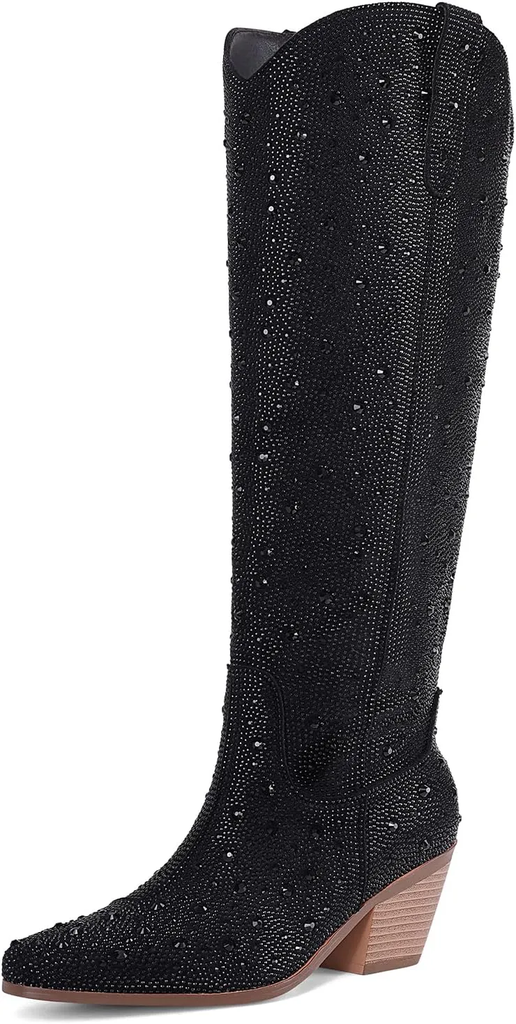Women Cowboy Boots Cowgirl Rhinestone Mid Calf Western Boots Sparkly Glitter Boots Bling Pointed Toe Chunky Heel Pull On