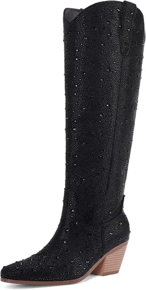 Women Cowboy Boots Cowgirl Rhinestone Mid Calf Western Boots Sparkly Glitter Boots Bling Pointed Toe Chunky Heel Pull On